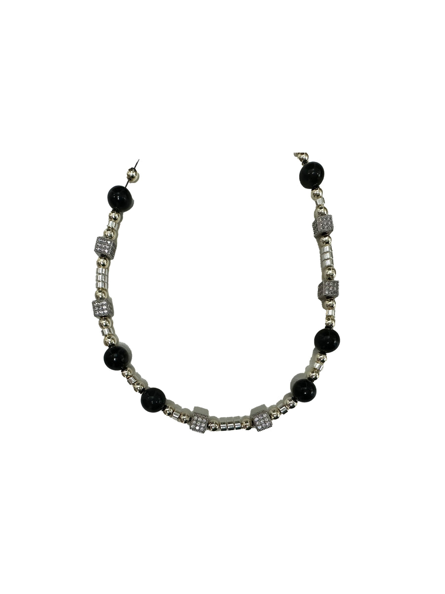 Men's Black Obsidian Bracelet w/ CZ Beads