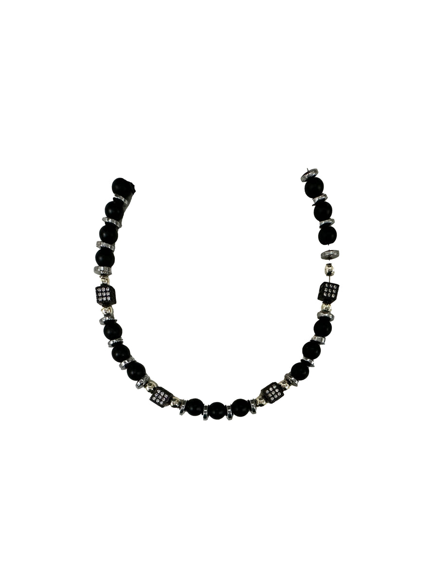 Mens Black Obsidian Bracelet w/ CZ Beads