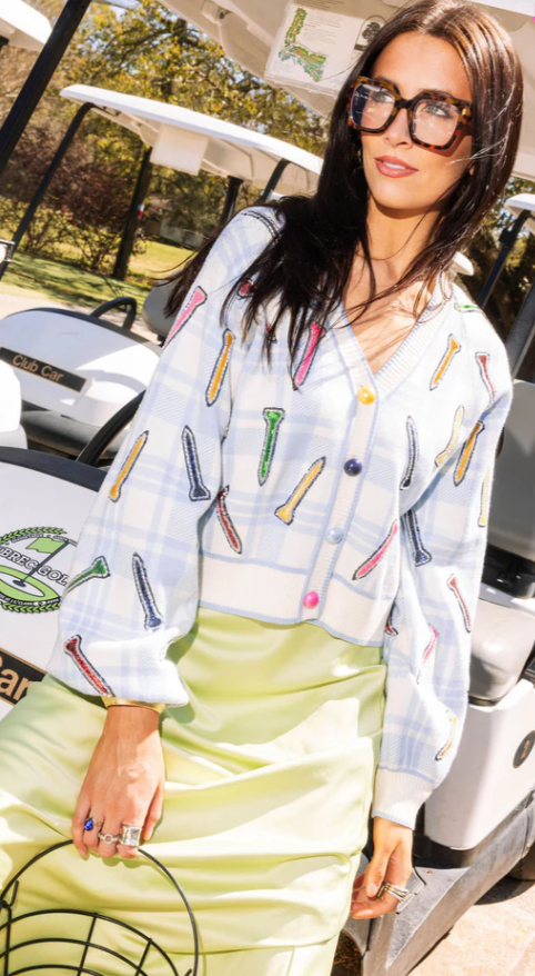 Queen of Sparkles Blue & White Plaid Golf Tee Button Up Cardigan