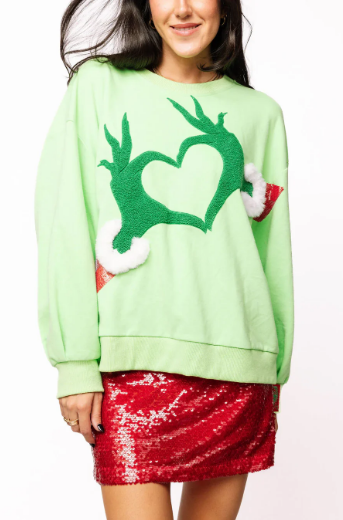 Queen of Sparkles Green Grinch Hearts Hands Sweatshirt