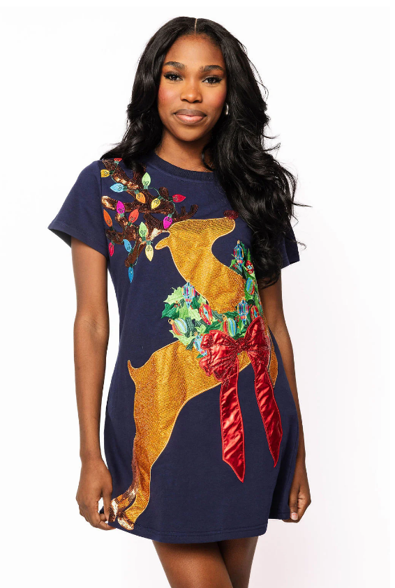 Queen of Sparkles Navy Rhinestone Rudolph Wearing A Wreath Tee Dress