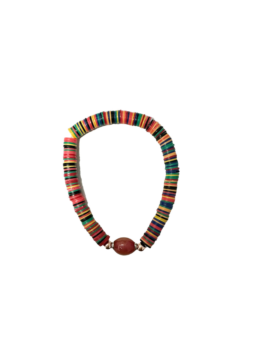 Rainbow African Vinyl Bead Bracelet w/ Moon Stone