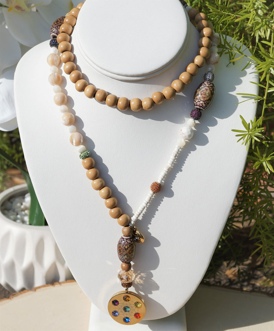 Metatron Highest Angel Shell, Wood, Mood Beaded Spiritual Healing Necklace