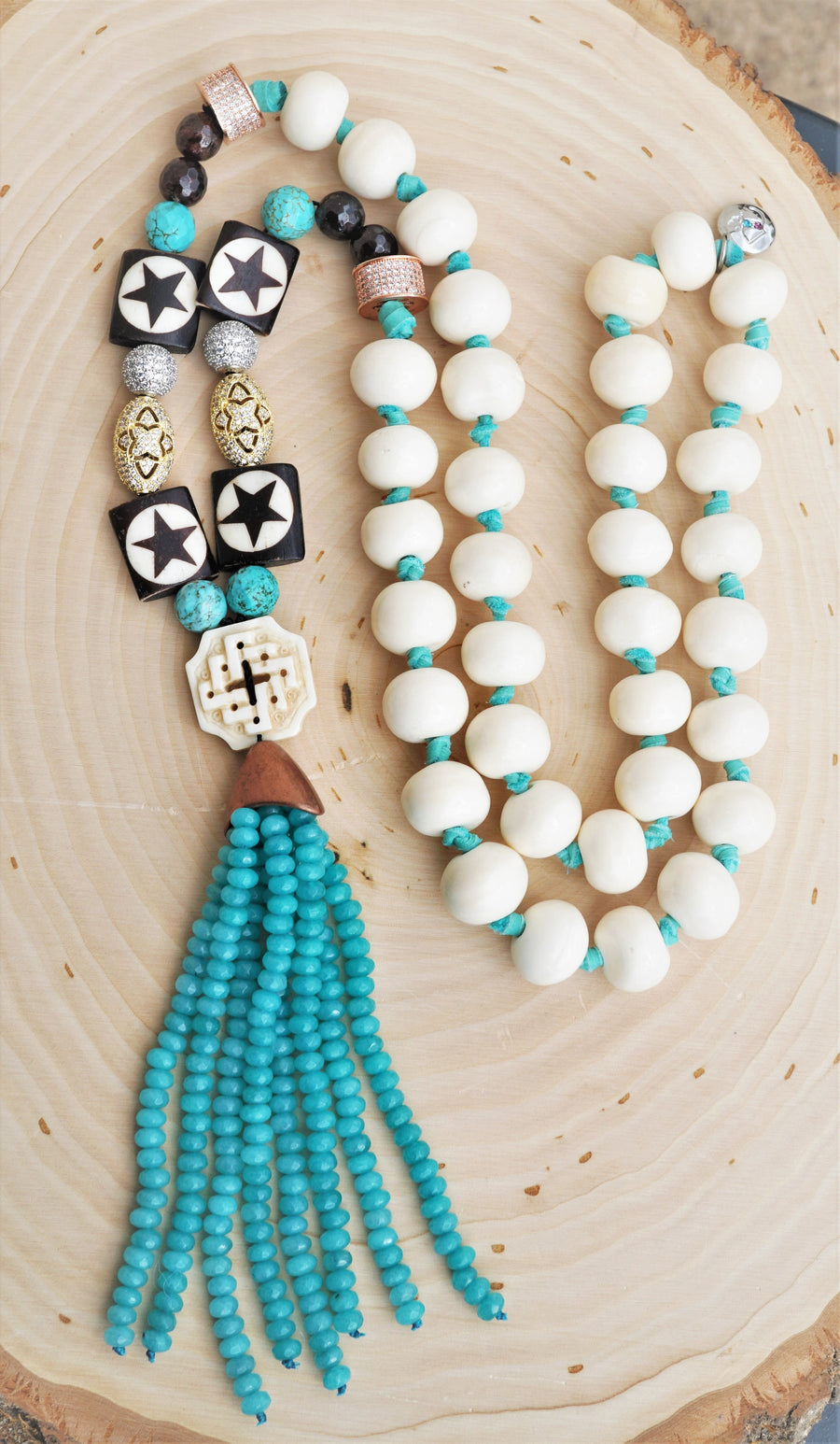 Stars Bone Turquoise Chocolate Jade CZ Bead Amazonite Tassel Ladies Necklace