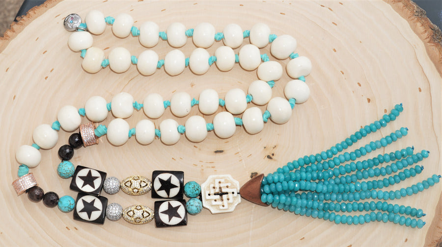Stars Bone Turquoise Chocolate Jade CZ Bead Amazonite Tassel Ladies Necklace