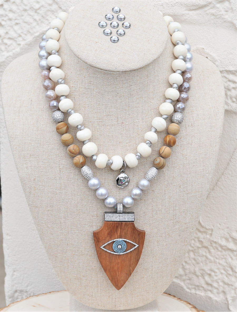 Evil Eye Wood Arrowhead Pearl Bone & Mystic Pink Silverite CZ Bead Necklace