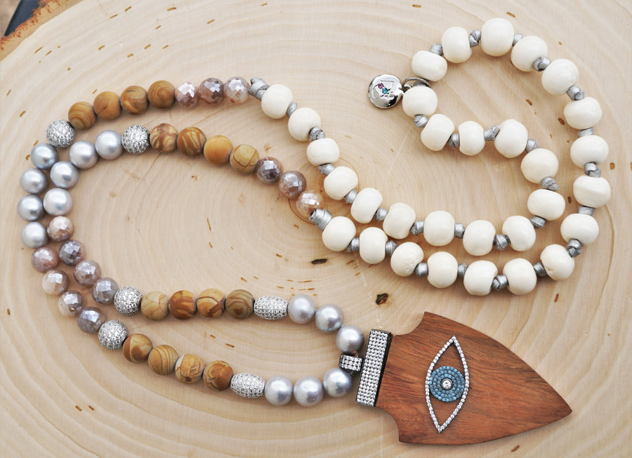 Evil Eye Wood Arrowhead Pearl Bone & Mystic Pink Silverite CZ Bead Necklace