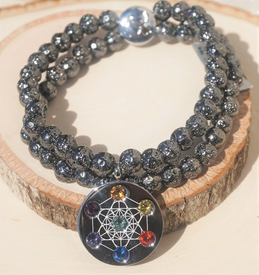 HIGHEST ANGEL METATRON SILVER CHARM ON DIPPED LAVA GUN METAL COLOR BEAD LADIES BRACELET