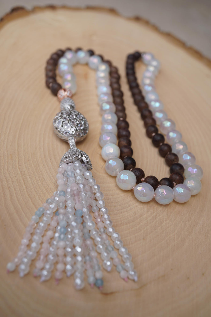 Duality Necklace with Bone/Agate Beads and Silver Pendant