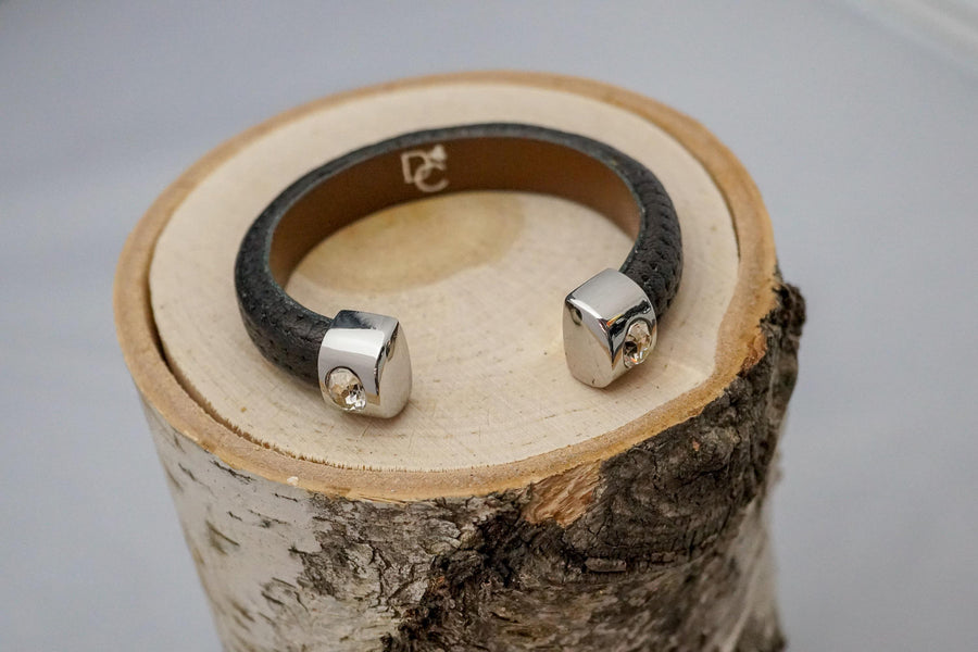 Single Cuff Bracelet with Stones-Black w/Silver end cap