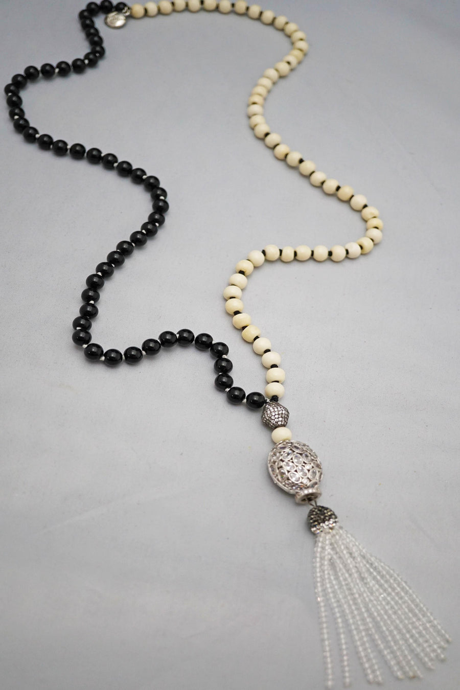 Duality Bone & Onyx Necklace w/Silver Pendant