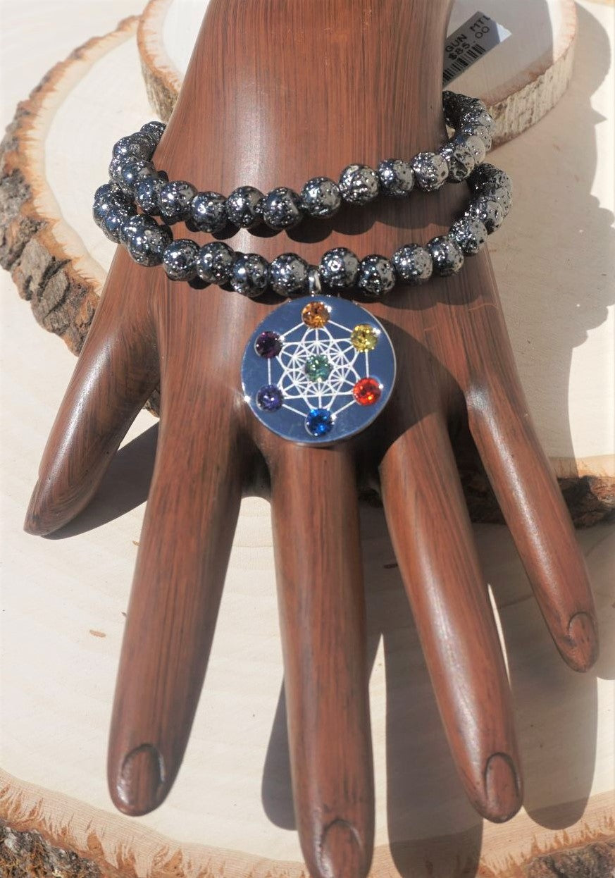 HIGHEST ANGEL METATRON SILVER CHARM ON DIPPED LAVA GUN METAL COLOR BEAD LADIES BRACELET