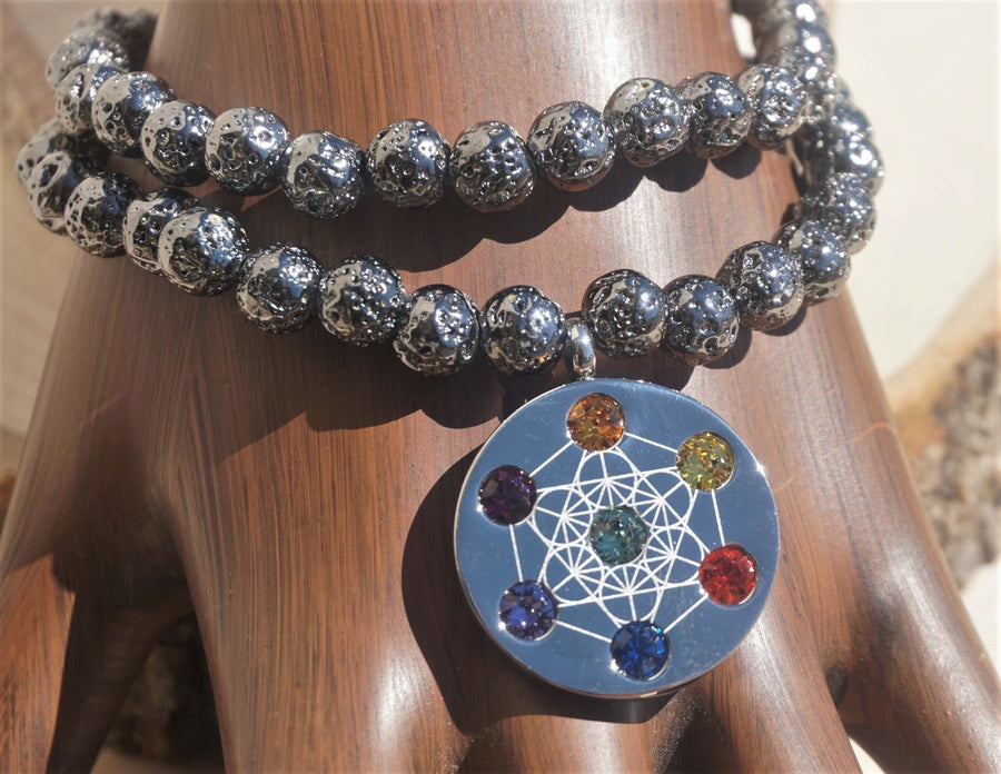 HIGHEST ANGEL METATRON SILVER CHARM ON DIPPED LAVA GUN METAL COLOR BEAD LADIES BRACELET