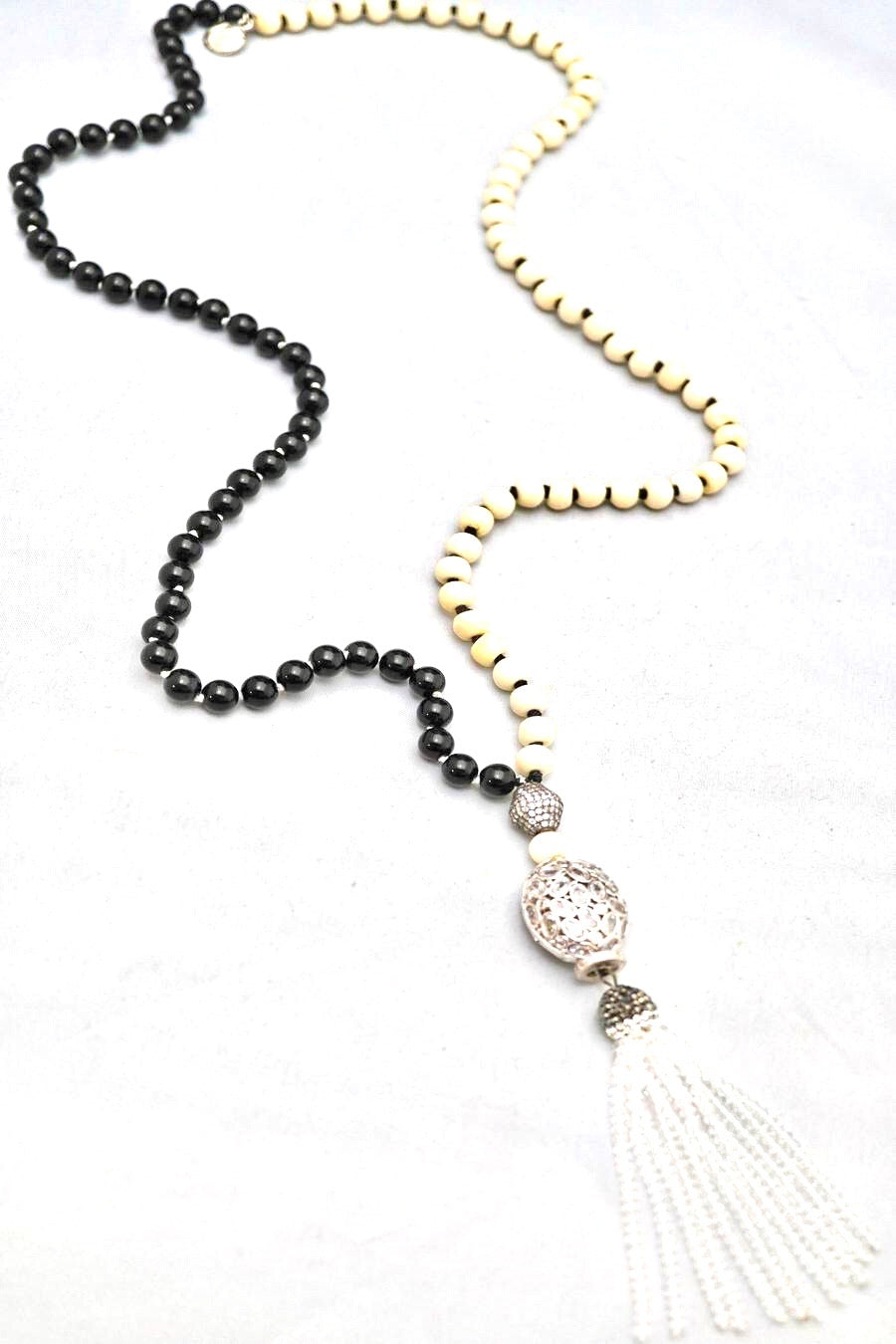 Duality Bone & Onyx Necklace w/Silver Pendant