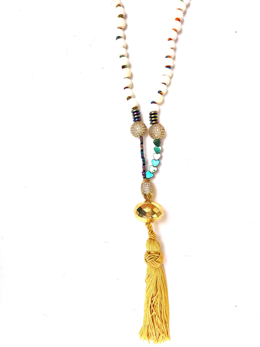 Bone Necklace with Gold Tassel